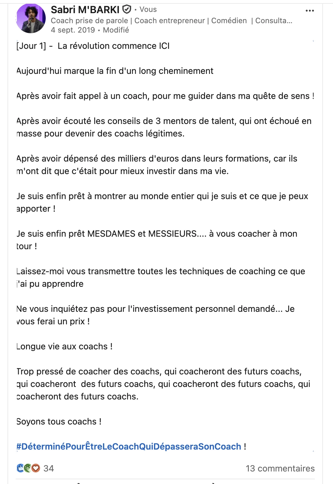 Post LinkedIn de Sabri M'Barki du 4 septembre 2019, parodie de coach : « Soyons tous coachs ! »