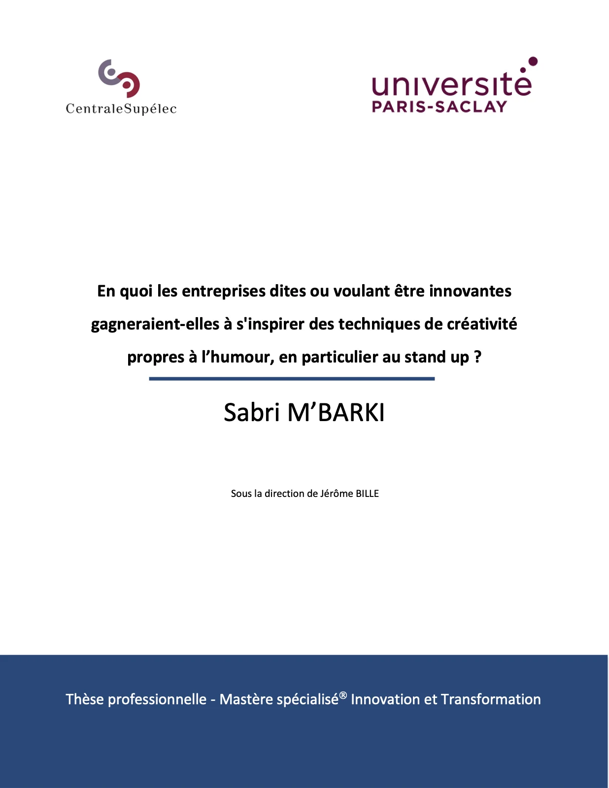 Couverture de la thèse professionnelle de Sabri M'Barki, CentraleSupélec et Université Paris-Saclay